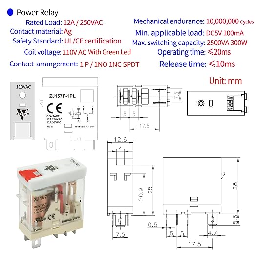 6Pcs 12 Amp Power Relay Switch Electromagnetic with Test Button 110V 120V AC SPDT 1NO 1NC Socket Base with LED Light UL Certification