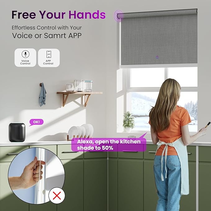 Astomi Motorized Roller Shades for Windows, Blackout Automatic Blinds with Remote, Smart Blinds, Voice Control, Compatible with Alexa, Google, Custom Size (Woven Grey)