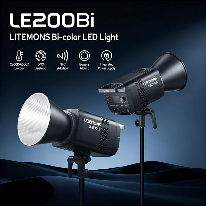 Godox Litemons LE200Bi 220W Bi-Color LED Video Light, 57700Lux@1M with APP Control, CRI/TLCI 98+ Studio Light with 11 FX Effects, 0-100% Brightness Bowens Mount LED(Black)