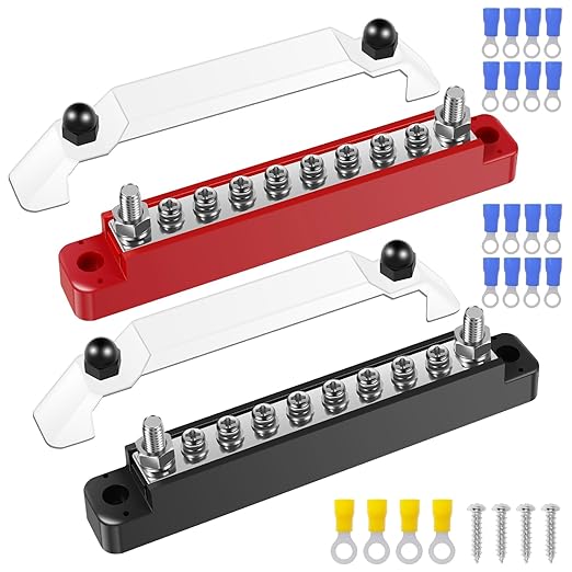 JUNXILPPD 12V Stainless Steel Bus Bar Marine Simplify Wiring Power Distribution Block Space Saving Battery Buss Bar High Security for Boat 2 x 1/4" Posts, 8 x #8 Screws Terminals (Black+Red)