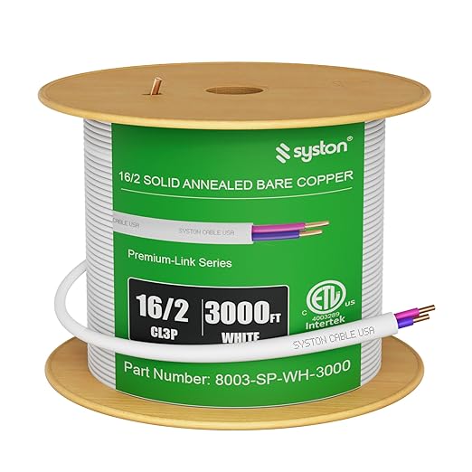 Syston Cable Technology 16/2 LED Lighting Dimmer Dimming Luminaire Control Wire Cable, 16 AWG 2 Conductors Solid Bare Copper Unshielded Plenum Rated CMP CL3P FT6, for Ballast Wiring and Connection
