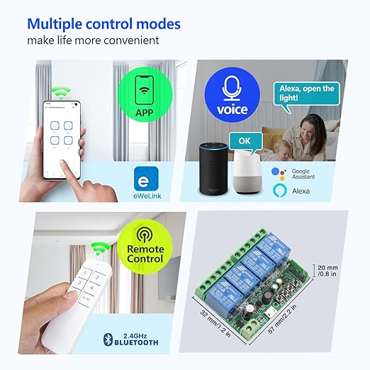 DieseRC 4 Channels WiFi Smart Switch, DC 5V 12V 24V 36V Passive Output Relay Module Ewelink APP WiFi Control Compatible with Alexa/Google Home, Inching/Self-Locking Switch