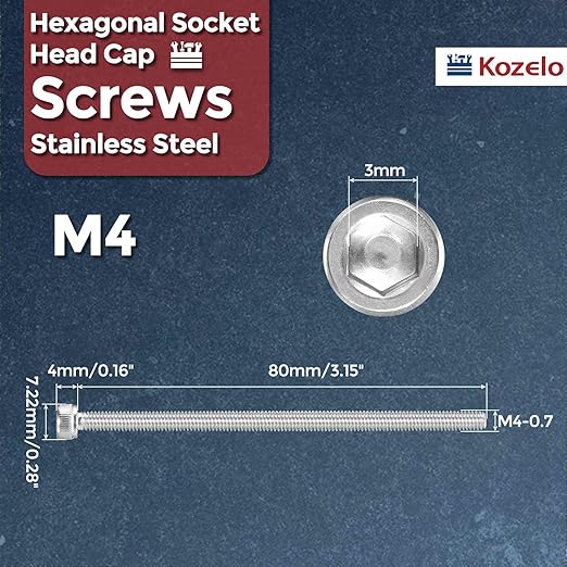 Kozelo 6pcs Socket Head Cap Screws - [M4-0.7 x 80mm] 304 Stainless Steel Allen Socket Drive for Electrical Motor 3D Printing Fan Engine Replacement Use, Silver