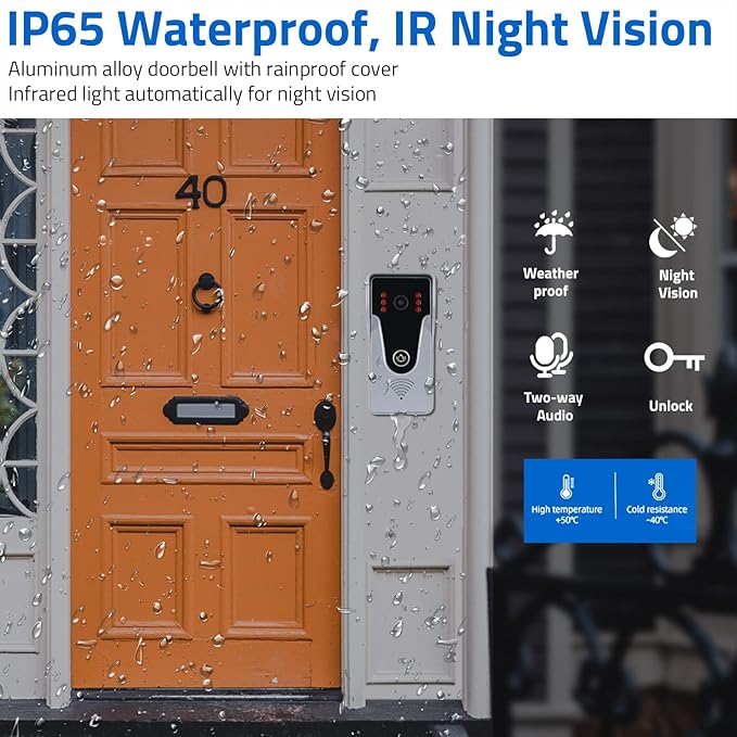 Wired Video Intercom System, 7 Inch Monitor and Aluminum Alloy Doorbell Camera, 2-Way Intercom Audio Video Doorbell Intercom Kits, Support Monitoring, Unlock indoor/outdoor for Home Security System