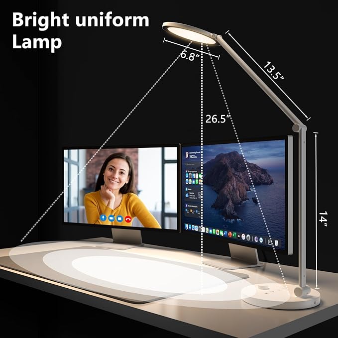ANNAITE LED Desk Lamp for Home Office, Eye-Caring Modern Desk Light, 3 Color Temperature 10 Brightness Computer Light, Dimmable Desk Light with Memory & Timer Func, Metal Swing Arm Table Lamp (White)