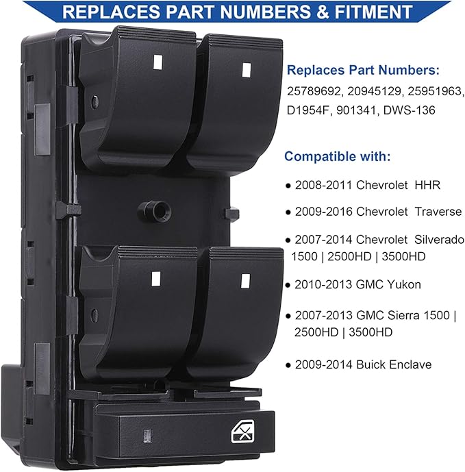 AiYiGu Driver Side Power Window Switch & 3 Pcs Passenger Window Switches, Compatible with 07-13 Chevy Silverado/GMC Sierra 1500 2500HD 3500HD/10-13 Yukon/09-16 Chevrolet Traverse/08-11 HHR