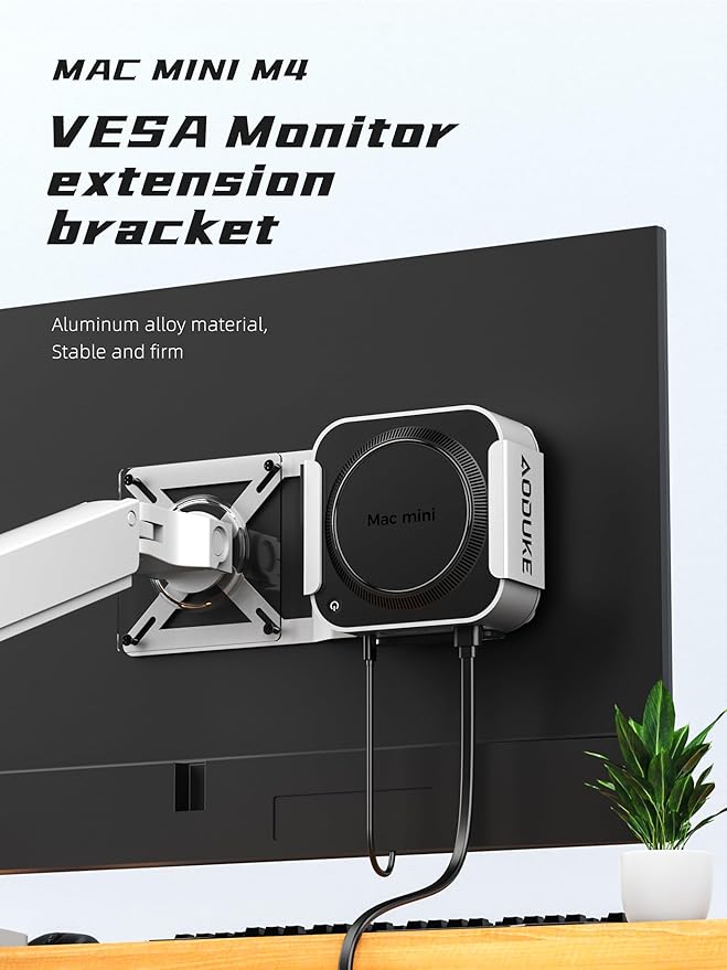 AODUKE Aluminum Alloy Mac mini M4 VESA Bracket, Mac mini 2024 Dock Stand, Mac mini M4 Pro VESA Monitor Arm Extension Plate, Compatible with 75X75/100X100MM Hole Distance-BW-MAX2
