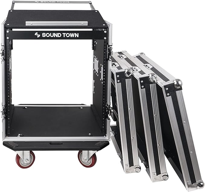 Sound Town Enhanced 1/2" (12mm) Plywood 12U PA DJ Rack/Road Case with 11U Slant Mixer Top, 20’’ Rackable Depth, DJ Work Table and Casters, 12-Space ATA Case, Pro Tour Grade (STMR-S12UWT)