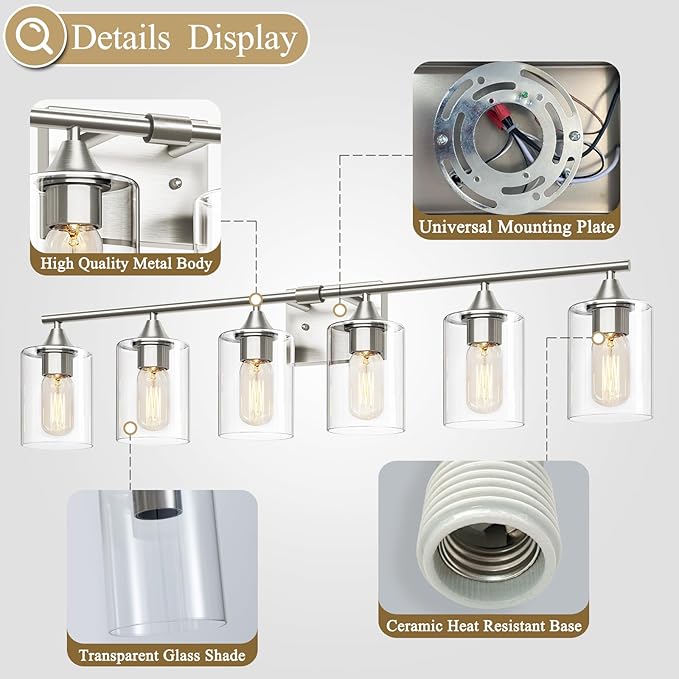 XPEHK 6-Light Bathroom Lighting Fixtures Over Mirror,Brushed Nickel Light Fixture Bathroom,Vanity Light with Clear Glass Shade,Modern Wall Lights for Mirror Bedroom Living Hallway