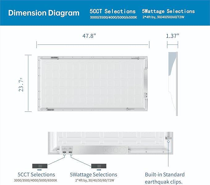 2x4 FT LED Light Flat Panel, 40-72W, 5 CCT 3K | 3.5K | 4K | 5K | 6.5K, Dimmable Recessed Drop Ceiling Lights, 3750/5000/6250/7500/9000 Lumens, Lay in Fixture for Office, 120-277V, UL DLC(72 Pack)