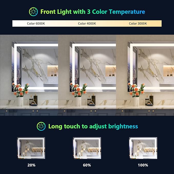 YEELAIT 48x38 Inch RGB LED Bathroom Mirror Front Light and RGB Backlit Lighted Vanity Mirror for Bathroom Wall Mounted Dimmable Anti Fog Memory Shatter-Proof IP54 Waterproof Horizontal/Vertical