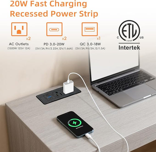 2 Pack Recessed Power Strips USB, 20W Fast Charging Furniture Outlets - 2 AC & 3 USB (2 USB-C + 1 USB-A) for Desk, Bedside, Drawer - Space-Saving, 10FT Cord, Black