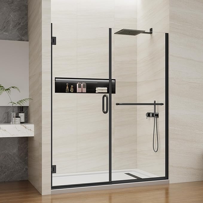 Pivot Swing Shower Door, Adjustable Width 58.9-60" W x 74" H Semi-Frameless Shower Glass Door with 5/16 in (8mm) Clear SGCC Tempered Glass with Nano Easy-Clean Coating (Matte Black with Towel Bar)