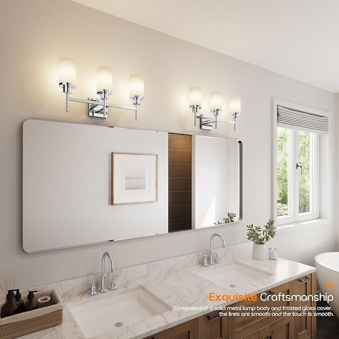 AONEON Bathrom Light Fixtures Polished Chrome 3 Vanity Lights with White Frosted Glass Shade, Wall Lamps Over Mirror for Bath Washroom Bedrom T001CH-L3