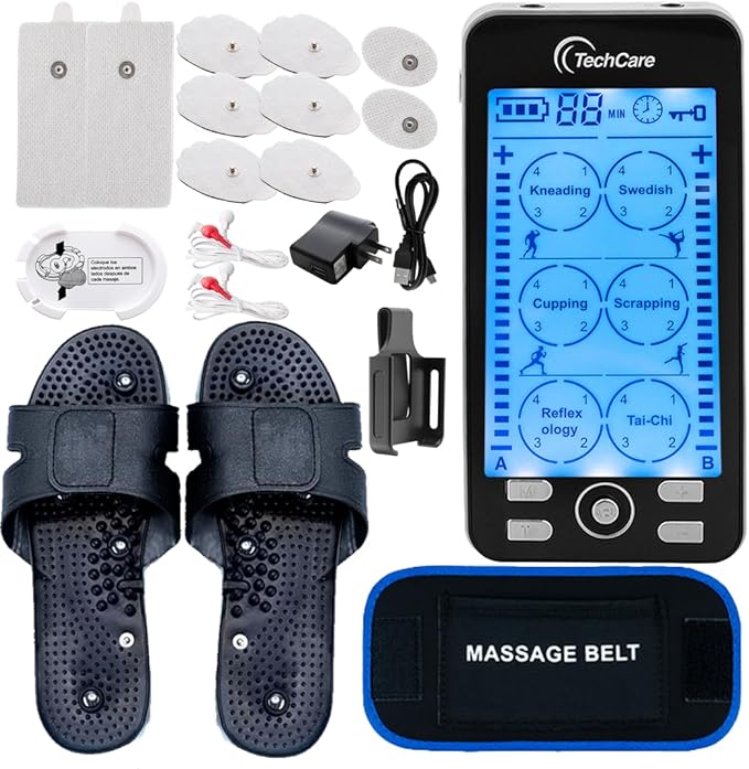 TechCare Plus 24-Mode TENS & EMS Dual-Channel Muscle Stimulator – Rechargeable Pain Relief Set with Massage Belt, Reflexology Shoes, Magnetic Therapy, Timer