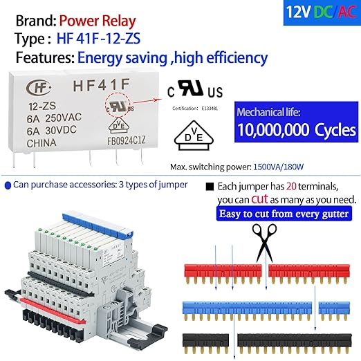 20Pcs 12V Electromechanical Power Relays 12V Relay Din Rail 5 Pin 6Amp SPDT, Socket Base with LED Indicator 41F-1Z-C2, with DIN Rail