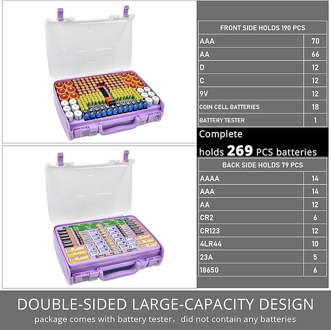Aptbyte Battery Organizer Storage Holder Box Case with Tester- 269 Batteries Double-Sided Variety Pack, Holds AA AAA 4A C D Cell 9V 3V Lithium LR44 CR2 CR123 CR1632 18650 Button- Purple (Box Only)