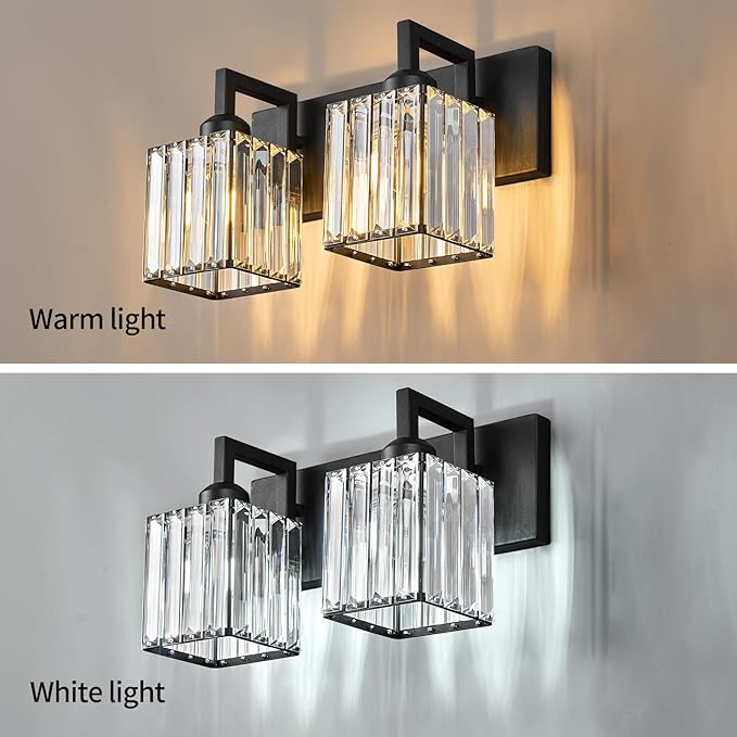FDPBY Modern Bathroom Vanity Light 2-Lights Black Crystal Bathroom Wall Light Vanity Light Fixtures