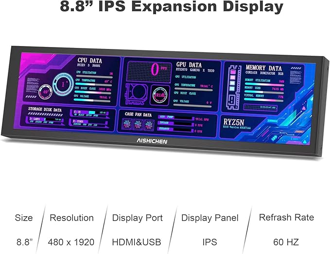 8.8 Inch PC Temperature Display, PC Sensor Panel Display, Computer Temp Monitor, IPS USB Mini Screen, AIDA64 CPU RAM DataTemperature Monitor for ARGB Computer Case Secondary Screen