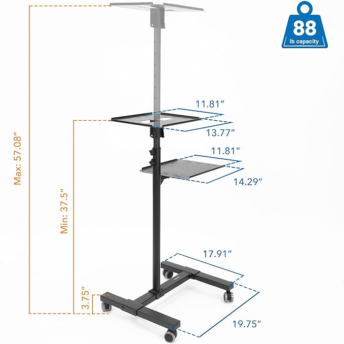 Mount-It! Mobile Projector and Laptop Stand (2 Shelves), Rolling Cart with Ventilated Tray, Heavy Duty, Height Adjustable Laptop and Projector Presentation Trolley, Black