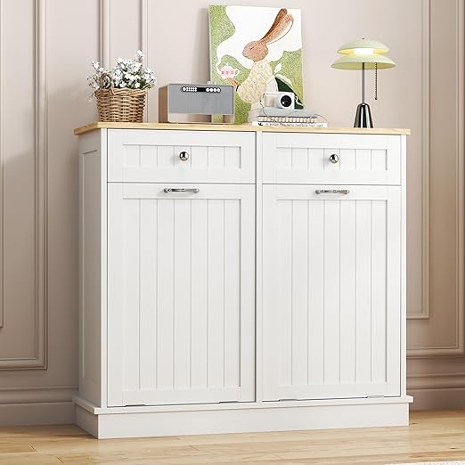 Tilt Out Trash Can Cabinet Dog Proof with Double Wood Hidden Holder, Kitchen Free Standing Recycling Cabinet（White）