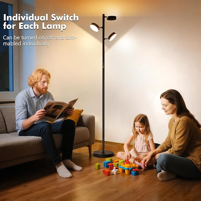 Benaep Tree Floor Lamp for Living Room - Modern Black Standing Lamp, LED Floor Light with Remote & Touch, 3000K-6000K Dimmable for Bedroom Office Reading (3 Head)