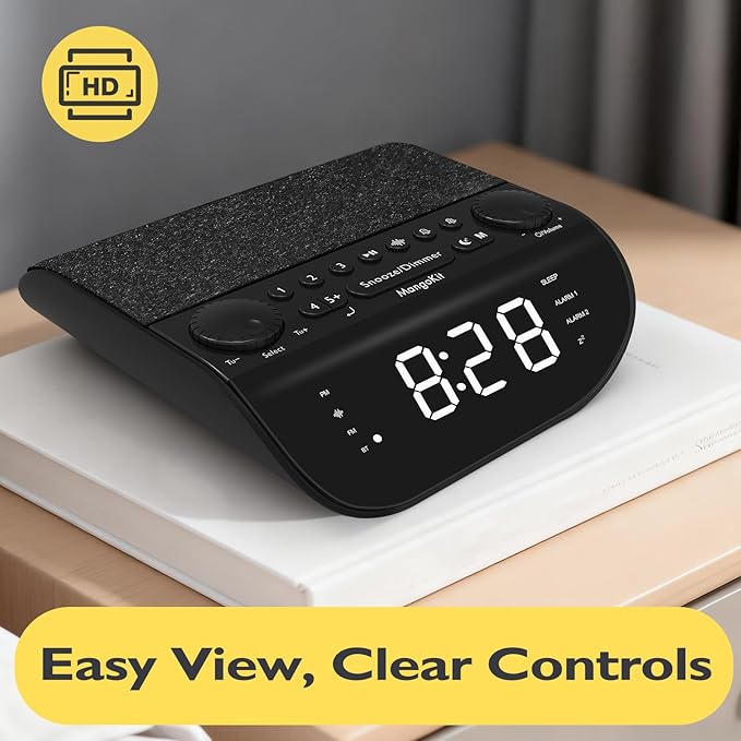 MangoKit FM Radio with Bluetooth 5.3, Dual Alarm Clock for Bedrooms, 90dB Loud Alarm for Heavy Sleepers, Snooze, 9 Natural Sounds, Stereo Speakers, Large Dimmable Display |20 FM Presets | Clear Screen