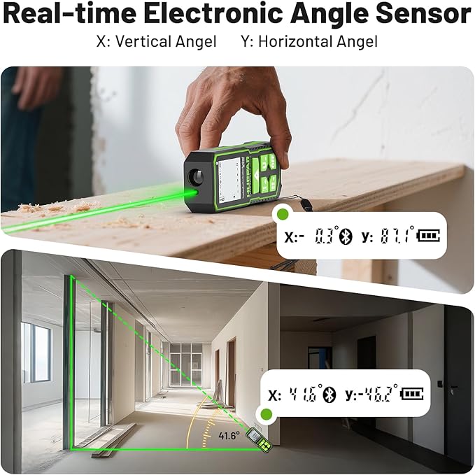 Huepar Professional Green Laser Measuring Tool 196ft, Digital Rechargeable Laser Distance Meter with Angle Sensor, 1/16in Accuracy, M/in/Ft Unit, Pythagorean Mode, Measure Distance, Area, Volume