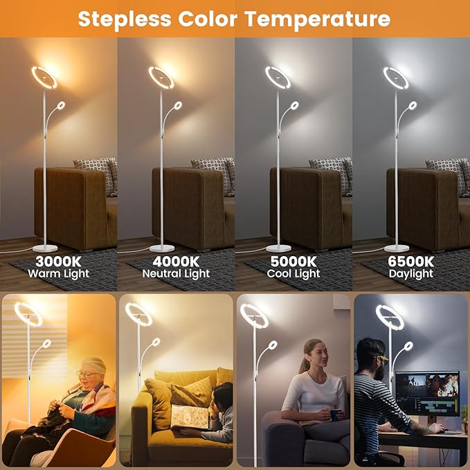 SIBRILLE White LED Floor Lamp - Dimmable 2 Lights Standing Lamp with Remote&Touch Control, 4 Color& 10 Brighness Adjustable Floor Reading Light, Modern Tall Lamp for Living Room Bedroom Office Corner