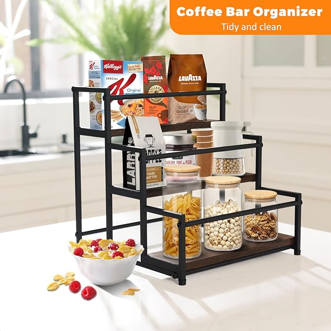 STAEVER Coffee Syrup Rack - 3-Tier 12 Syrup Bottles Holder - Liquor Bottle Display Shelf - Kitchen Cabinet Organizer for Jars, Condiments - Wooden Countertop Organizer for Seasonings, Tea, or Coffee