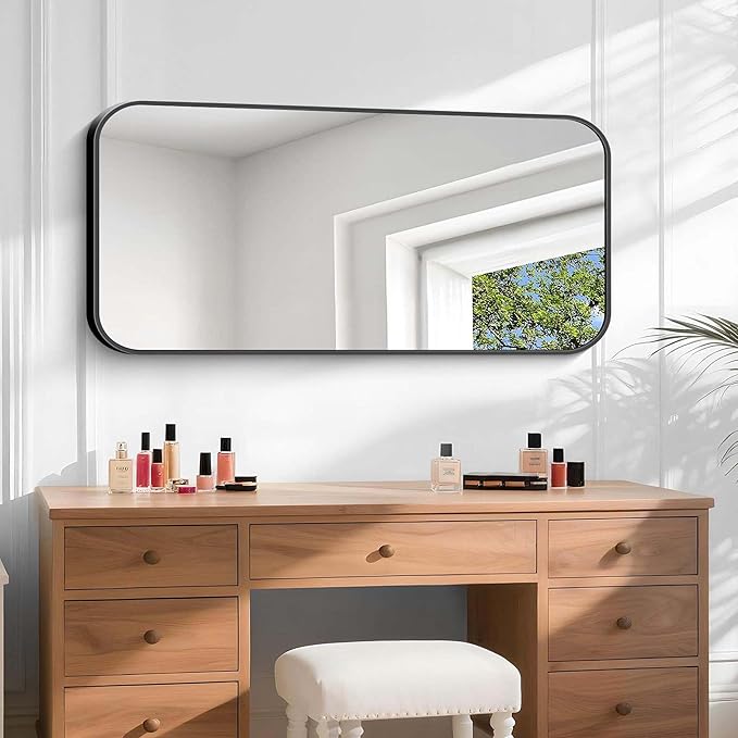 Bathroom Mirror, 48 x 24 inch Black Rectangle Wall Mirror, Metal Framed Rectangular Vanity Mirror, Rounded Corner Wall Mounted Mirror for Modern Bedroom Living Room Horizontal/Vertical