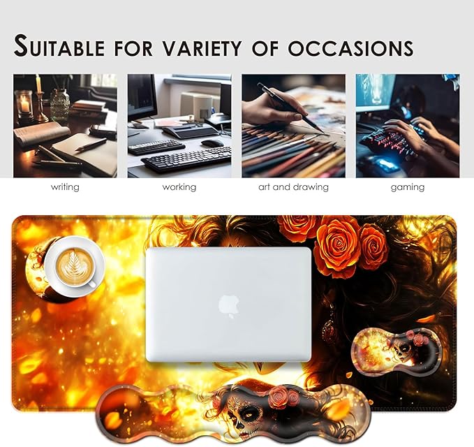 BFUKVOU Large Keyboard Mouse Pad Set, Extended Mouse Pad+Keyboard Wrist Rest Support, Memory Foam Ergonomic Easy Typing, 4Pcs (31.5×11.8 in) Desk Pad Set for Office Home,Skull Woman with Rose