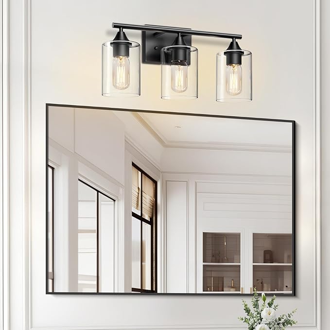 XPEHK Bathroom Lighting Fixtures Over Mirror,3-Light Black Bathroom Vanity Light,Sconces Wall Lighting with Clear Glass Shade,Light Fixture for Bedroom Living Room Vanity Table Hallway