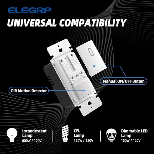 ELEGRP Occupancy Motion Sensor Light Switch, PIR Infrared Motion Activated Wall Switch, No Neutral Wire, Single Pole for CFL/LED/Incandescent Bulb, Wall Plate Included, UL Listed (6 Pack, Matte White)