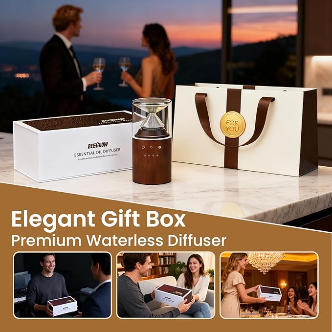 Waterless Nebulizing Essential Oil Diffuser, Real Glass and Solid Wood Portable Rechargeable Aroma Diffuser for Home Office Car, Luxury Gift Set with 10ml Lemon Oil
