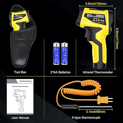 Infrared Thermometer Temperature Gun, TEMIRUP Non-Contact Digital IR Laser Temp Gun -58°F to 1472°F, K-Type Probe -40°F~1202°F, for Cooking, Pizza Oven, BBQ, HVAC, Home & Industrial