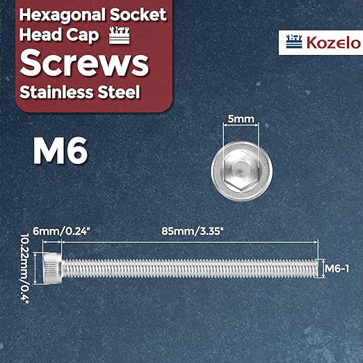 Kozelo 10pcs Socket Head Cap Screws - [M6-1 x 85mm] 304 Stainless Steel Allen Socket Drive for Electrical Motor 3D Printing Fan Engine Replacement Use, Silver