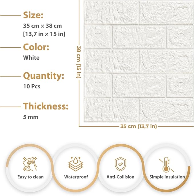 JOLOV 10 PCS3D Wall Panels Peel and Stick - PE Foam DIY Self Adhesive, Waterproof, Perfect for Interior Wall Decor in Bedroom & Living Room (10)