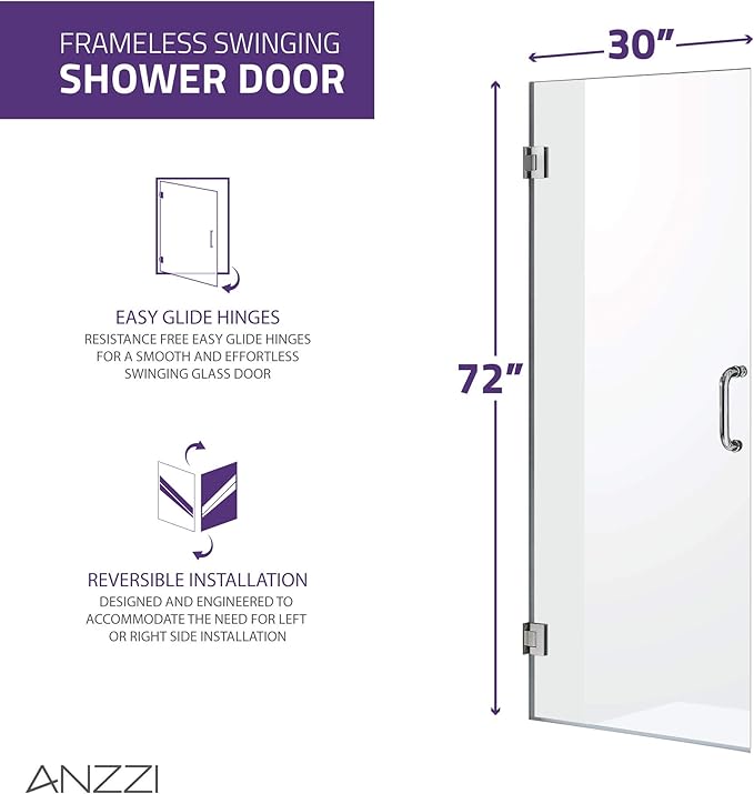 ANZZI 72" x 30" Frameless Shower Door in Polished Chrome,Water Repellent Glass Shower Door with Seal Strip Parts and Handle, 3/8 Glass Hinged Shower Door with Handle (SD-AZ09-02CH)