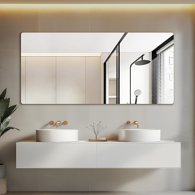 Mirrorons 60 x 28 Frameless Bathroom Mirror, Rounded Corner Bathroom Vanity Mirror, Modern Wall Mounted Vanity Mirror for Living Room, Bedroom, Bathroom, Entryway (Horizontal/Vertical)