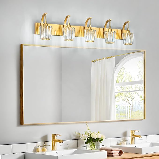 FDPBY Modern Bathroom Vanity Light, 5-Light Gold Wall Sconce with Crystal Accents, Over Mirror Bathroom Lighting Fixture, 42.52" Long Dimmable Vanity Lamp for Makeup, Easy Installation
