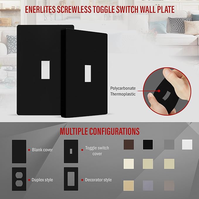 ENERLITES Screwless Toggle Switch Wall Plate, Child Safe Light Switch Cover, Standard Size 1-Gang 4.68" x 2.93", Unbreakable Polycarbonate Thermoplastic, UL Listed, SI8811-BK, Glossy, Black