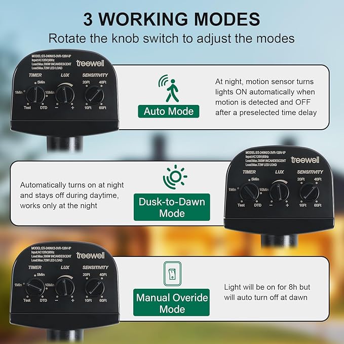 TREEWELL 2 Pack 240-Degree Replacement Motion Sensor, Adjustable LUX(5-300) & Time & Detection Sensitivity Up to 60 Feet Range, 3 Working Modes Outdoor Motion Detector for Security Floodlight, Black