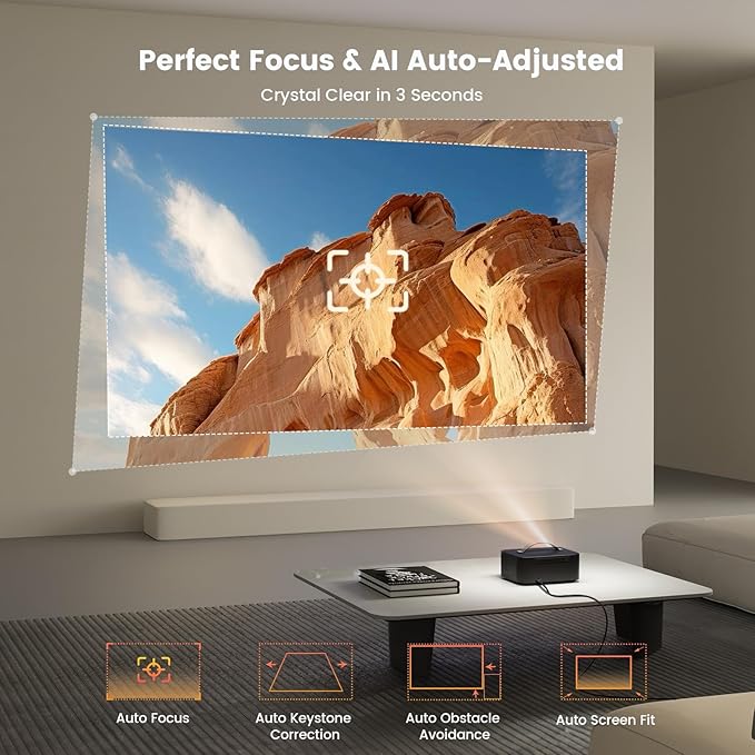 Projector-4K with WiFi and Bluetooth:[2000 ANSI/AI Auto Focus/Built-in APPs]Outdoor-Projector Smart TV OS 2.0 & DoIby, Portable Proyector Compatible with Netflix/YouTube/PrimeVideo, ONOAYO ONO3Pro 2.0