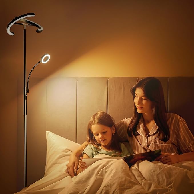 SIBRILLE LED Floor Lamp for Living Room - Modern Standing Lamp with Reading Light, Remote Touch Control Floor Light Dimmable Mother-Daughter Tall Bedroom Lamp for Couch Office, 29W, Black