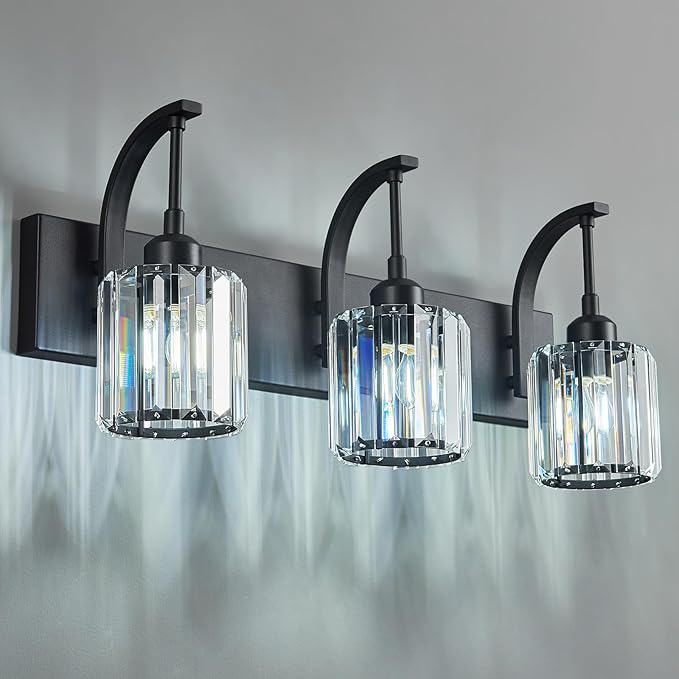 FDPBY 3-Light Crystal Vanity Light, Modern Black Bathroom Wall Sconce with K9 Crystal Shades, 23.62" Long Over Mirror Lighting for Vanity, Makeup, Hallway, Elegant & Durable