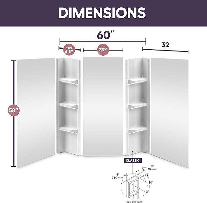 White Polystyrene Tub Wall Surround 32"x 60"x 58" - Waterproof, Easy-to-Install, Two Shelf Units Kit Included - Bathtub Wall Surround Panels - Plain Pattern, Basic Shelves - Noah William Home