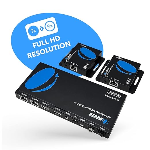 OREI 4K 1x2 HDMI Over ethernet Extender Splitter Over CAT6/7 ethernet Cable 4K@30Hz up to 165 ft - 1 in 2 Out, 1080P@60Hz Upto 230 ft, PoC, IR Control, EDID, HDMI Loop Out (HD12-EX165-K)