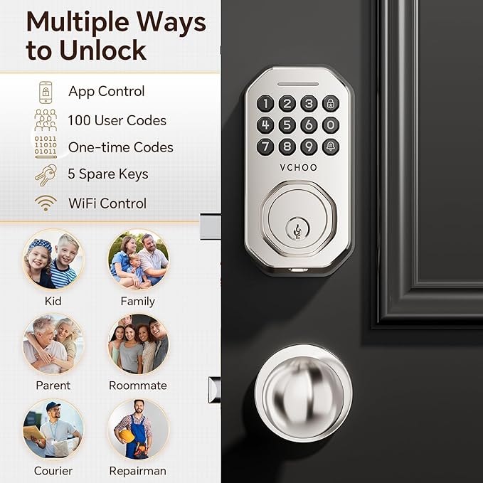 VCHOO Keyless Entry Door Lock Set WiFi Smart App Control Door Lock for Front Door Keypad Deadbolt with 2 Knobs Auto Lock One Time Codes Easy Install, Satin Nickel