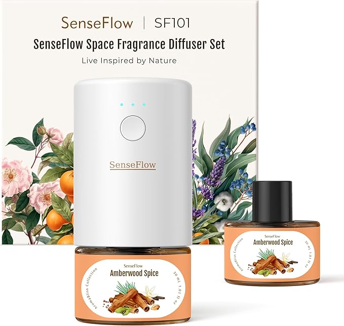 SF101 Pro Plug In Air Freshener, Waterless Essential Oil Diffuser, Non-Toxic Aroma Diffuser, Adjustable 120-Day Natural Scent Mist, Covers 1000 Sq Ft- Free 30ml Amberwood Spice